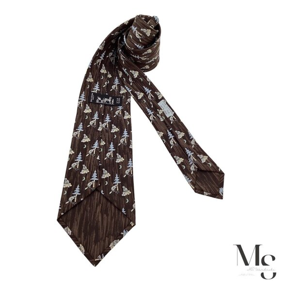 HERMES PARIS 7717 OA Brown Beavers At Night Print Silk Tie France W: 3.75" E.C - Picture 2 of 7